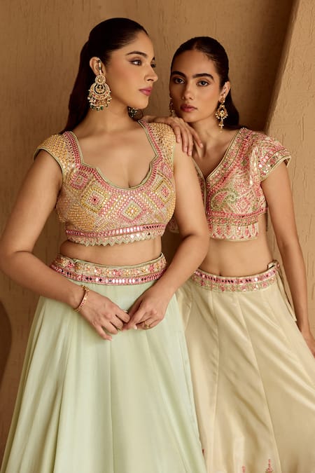 SUHINO Mint Tissue, Organza Embroidery, Mirrors, Metallic Thread, Green Lehenga Set Online at Aza Fashions SUHINO_Mint Tissue, Organza Embroidery, Mirrors, Metallic Thread, Green Lehenga Set _Online_at_Aza_Fashions