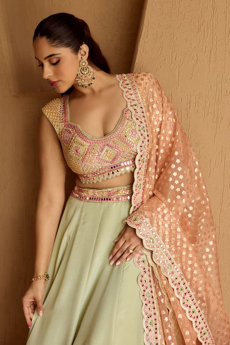 Buy SUHINO Mint Tissue, Organza Embroidery, Mirrors, Metallic Thread, Green Lehenga Set Online at Aza Fashions Buy_SUHINO_Mint Tissue, Organza Embroidery, Mirrors, Metallic Thread, Green Lehenga Set _Online_at_Aza_Fashions