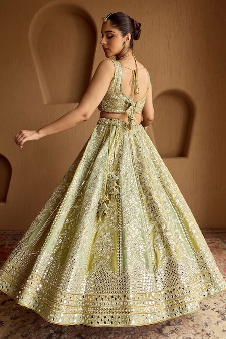 Shop SUHINO Green Tissue, Organza Mirrors, Zari, Embroidery Leaf Neck Dual Kali Lehenga Set at Aza Fashions Shop_SUHINO_Green Tissue, Organza Mirrors, Zari, Embroidery Leaf Neck Dual Kali Lehenga Set _at_Aza_Fashions