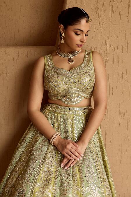 SUHINO Green Tissue, Organza Mirrors, Zari, Embroidery Leaf Neck Dual Kali Lehenga Set Online at Aza Fashions SUHINO_Green Tissue, Organza Mirrors, Zari, Embroidery Leaf Neck Dual Kali Lehenga Set _Online_at_Aza_Fashions