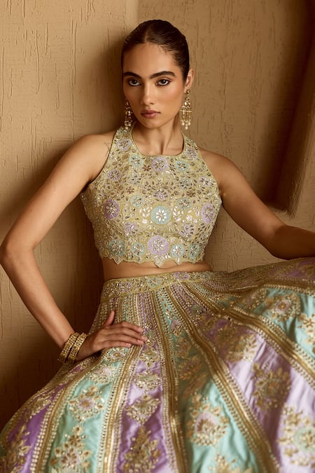 SUHINO Green Taffeta, Organza Mirrors, Gota Patti, Patchwork Tissue Lehenga Set Online at Aza Fashions SUHINO_Green Taffeta, Organza Mirrors, Gota Patti, Patchwork Tissue Lehenga Set _Online_at_Aza_Fashions
