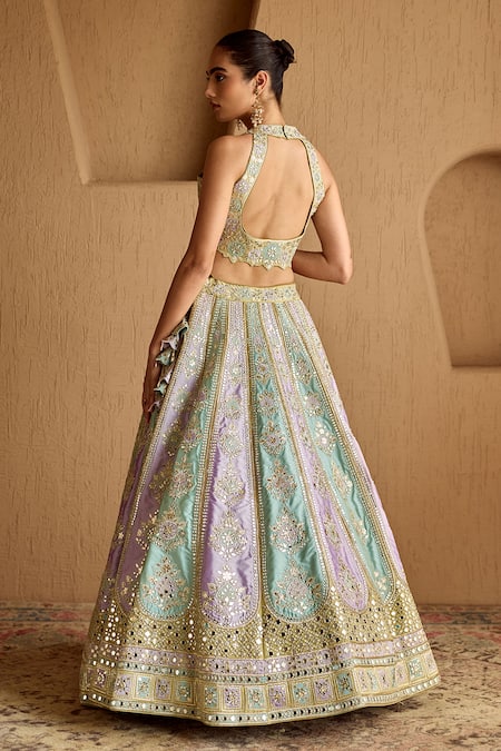 Shop SUHINO Green Taffeta, Organza Mirrors, Gota Patti, Patchwork Tissue Lehenga Set at Aza Fashions Shop_SUHINO_Green Taffeta, Organza Mirrors, Gota Patti, Patchwork Tissue Lehenga Set _at_Aza_Fashions