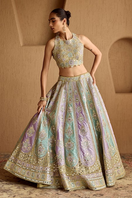 Shop SUHINO Green Taffeta, Organza Mirrors, Gota Patti, Patchwork Tissue Lehenga Set Online at Aza Fashions Shop_SUHINO_Green Taffeta, Organza Mirrors, Gota Patti, Patchwork Tissue Lehenga Set _Online_at_Aza_Fashions