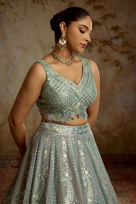 SUHINO_Gray Silk, Organza Embroidery, Mirrors V-neck Grey Tissue Lehenga Set _Online_at_Aza_Fashions