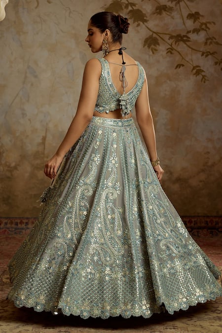 Buy_SUHINO_Gray Silk, Organza Embroidery, Mirrors V-neck Grey Tissue Lehenga Set _Online_at_Aza_Fashions