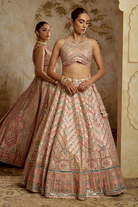 SUHINO_Multi Color Silk, Organza Embroidery, Mirrors Scoop Neck Purple Lehenga Set _Online_at_Aza_Fashions