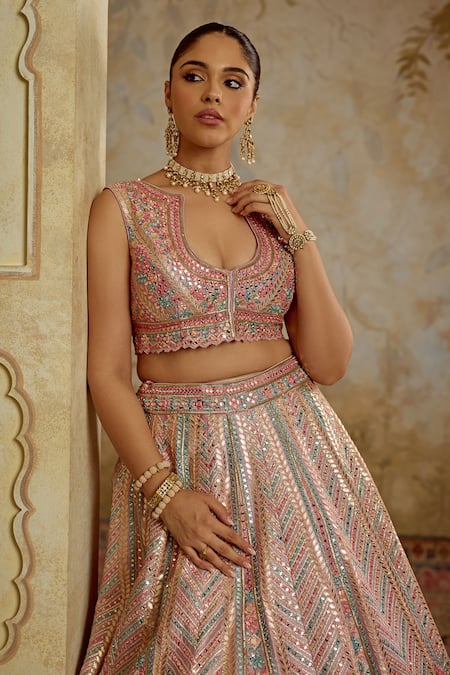 Buy_SUHINO_Multi Color Silk, Organza Embroidery, Mirrors Scoop Neck Purple Lehenga Set _Online_at_Aza_Fashions