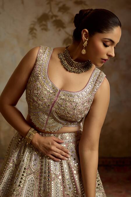 Shop SUHINO Purple Tissue, Organza Mirrors, Patchwork, Embroidery, Foil Lehenga Set Online at Aza Fashions Shop_SUHINO_Purple Tissue, Organza Mirrors, Patchwork, Embroidery, Foil Lehenga Set _Online_at_Aza_Fashions