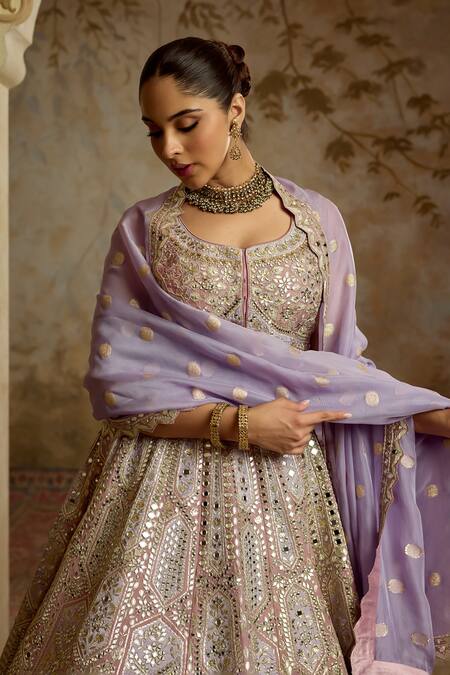 SUHINO Purple Tissue, Organza Mirrors, Patchwork, Embroidery, Foil Lehenga Set at Aza Fashions SUHINO_Purple Tissue, Organza Mirrors, Patchwork, Embroidery, Foil Lehenga Set _at_Aza_Fashions