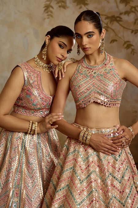 Buy_SUHINO_Peach Tissue, Organza Embroidery, Gota Patti, Mirrors, Zari Blouse Lehenga Set _Online_at_Aza_Fashions