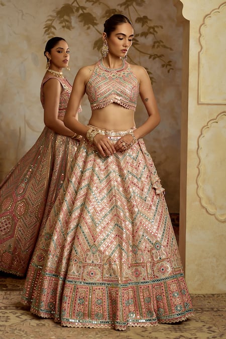 Shop_SUHINO_Peach Tissue, Organza Embroidery, Gota Patti, Mirrors, Zari Blouse Lehenga Set _Online_at_Aza_Fashions