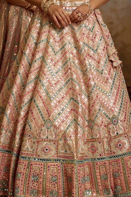 SUHINO_Peach Tissue, Organza Embroidery, Gota Patti, Mirrors, Zari Blouse Lehenga Set _at_Aza_Fashions