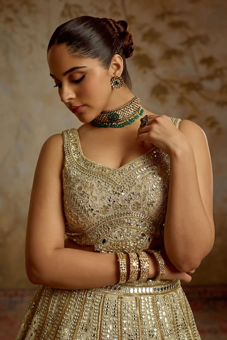 SUHINO_Ivory Tissue, Organza Embroidery, Mirrors, Zari, Sequins Round Neck Lehenga Set _Online_at_Aza_Fashions