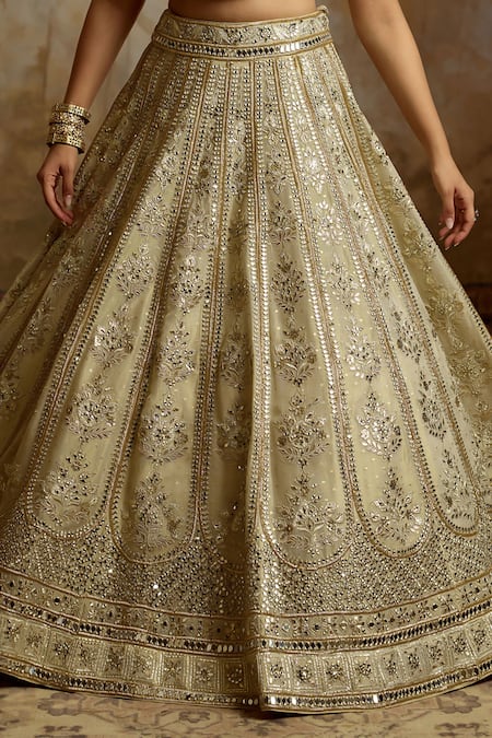 Buy_SUHINO_Ivory Tissue, Organza Embroidery, Mirrors, Zari, Sequins Round Neck Lehenga Set _Online_at_Aza_Fashions