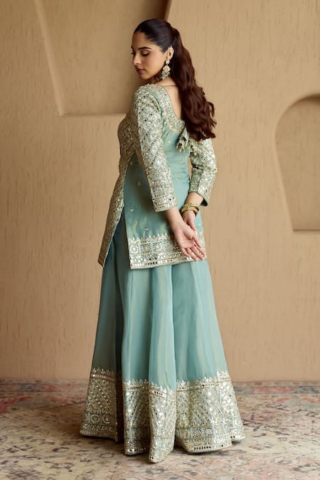 SUHINO Teal Embroidered Kurta Sharara Set 