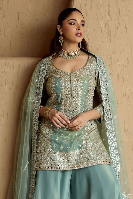 SUHINO_Teal Tissue, Organza Zari, Mirrors, Gota Patti, Embroidery Kurta Sharara Set _Online_at_Aza_Fashions