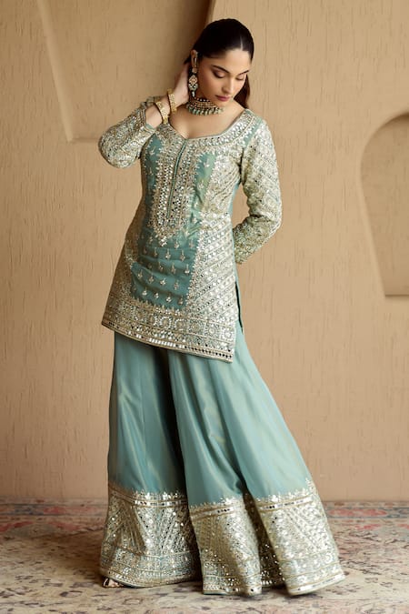 Buy_SUHINO_Teal Tissue, Organza Zari, Mirrors, Gota Patti, Embroidery Kurta Sharara Set _Online_at_Aza_Fashions