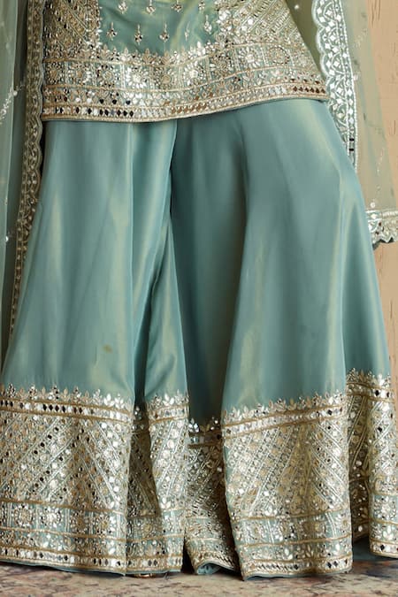 Shop_SUHINO_Teal Tissue, Organza Zari, Mirrors, Gota Patti, Embroidery Kurta Sharara Set _Online_at_Aza_Fashions