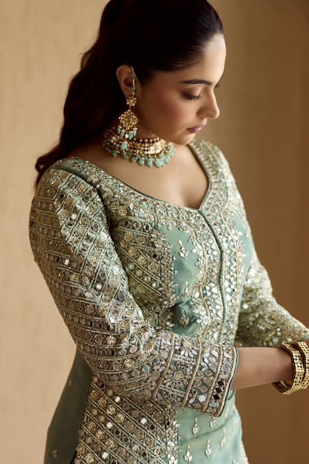 SUHINO_Teal Tissue, Organza Zari, Mirrors, Gota Patti, Embroidery Kurta Sharara Set _at_Aza_Fashions