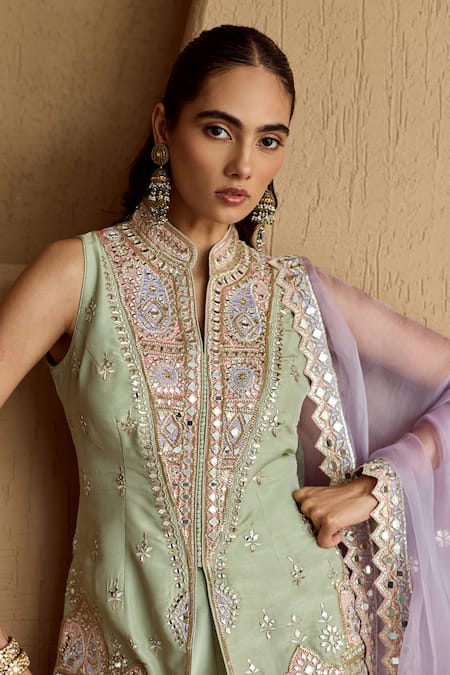 SUHINO_Mint Tissue, Organza Embroidery, Mirrors, Patchwork, Green Kurta Gharara Set _Online_at_Aza_Fashions