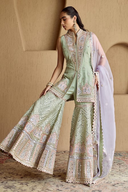 SUHINO Mint Green Tissue Kurta Gharara Set 