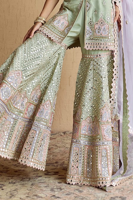 Buy_SUHINO_Mint Tissue, Organza Embroidery, Mirrors, Patchwork, Green Kurta Gharara Set _Online_at_Aza_Fashions