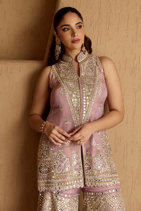 SUHINO_Lavender Tissue, Organza Embroidery, Mirrors, Zari, Lilac Kurta Gharara Set _Online_at_Aza_Fashions