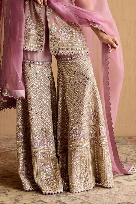 Buy_SUHINO_Lavender Tissue, Organza Embroidery, Mirrors, Zari, Lilac Kurta Gharara Set _Online_at_Aza_Fashions