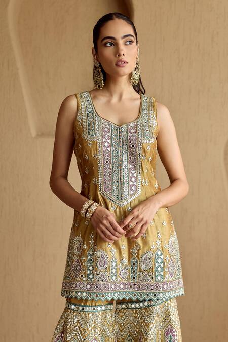 SUHINO_Yellow Silk, Organza Embroidery, Zari, Mirrors, Mustard Kurta Gharara Set _Online_at_Aza_Fashions