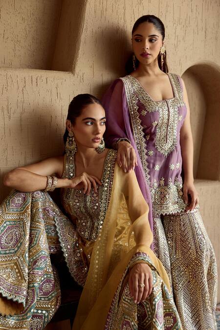 Buy_SUHINO_Yellow Silk, Organza Embroidery, Zari, Mirrors, Mustard Kurta Gharara Set _Online_at_Aza_Fashions