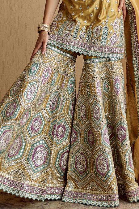 Shop_SUHINO_Yellow Silk, Organza Embroidery, Zari, Mirrors, Mustard Kurta Gharara Set _Online_at_Aza_Fashions