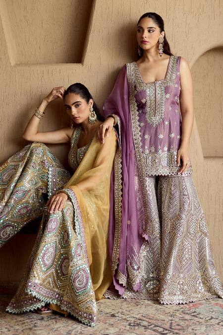 SUHINO_Yellow Silk, Organza Embroidery, Zari, Mirrors, Mustard Kurta Gharara Set _at_Aza_Fashions