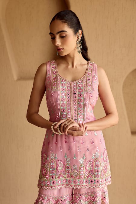 SUHINO_Pink Tissue, Organza Embroidery, Mirrors Square Neck Kurta Sharara Set _Online_at_Aza_Fashions