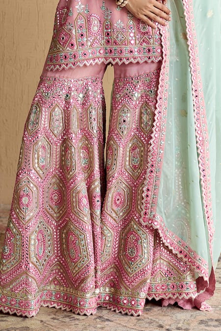 Buy_SUHINO_Pink Tissue, Organza Embroidery, Mirrors Square Neck Kurta Sharara Set _Online_at_Aza_Fashions