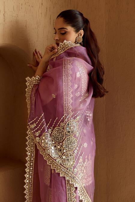 SUHINO_Purple Tissue, Organza Embroidery, Mirrors, Zari, Metallic Kurta Gharara Set _Online_at_Aza_Fashions