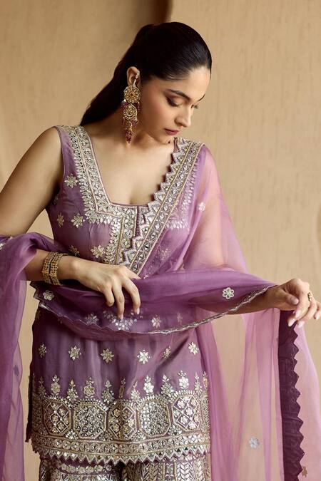 Buy_SUHINO_Purple Tissue, Organza Embroidery, Mirrors, Zari, Metallic Kurta Gharara Set _Online_at_Aza_Fashions