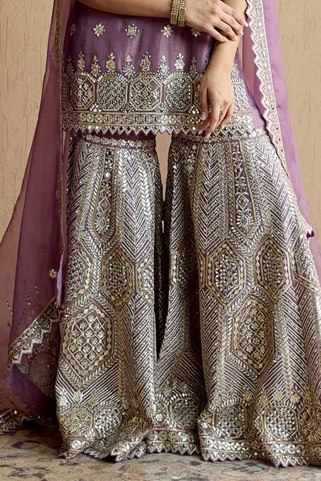 Shop_SUHINO_Purple Tissue, Organza Embroidery, Mirrors, Zari, Metallic Kurta Gharara Set _Online_at_Aza_Fashions