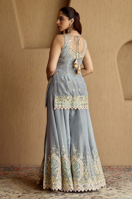 SUHINO Grey Tissue Patch Kurta Sharara Set 