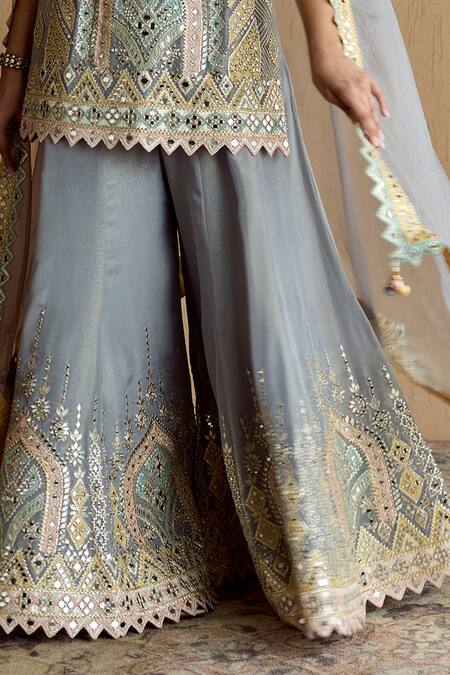 Buy_SUHINO_Gray Tissue, Organza Mirrors, Patchwork, Grey Patch Kurta Sharara Set _Online_at_Aza_Fashions