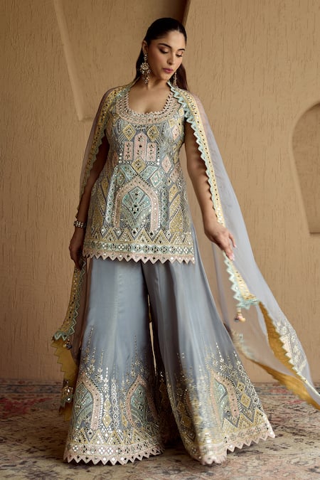 SUHINO Grey Tissue Patch Kurta Sharara Set 