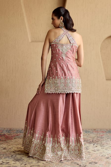 SUHINO Pink Silk Kurta Sharara Set 