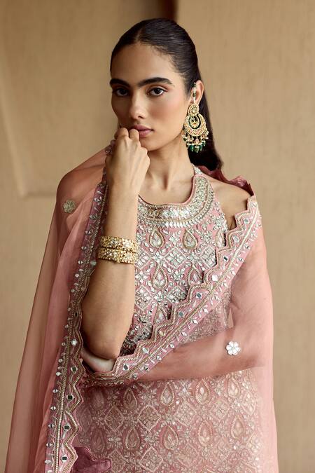 SUHINO_Pink Silk, Organza Mirrors, Embroidery Round Neck Kurta Sharara Set _Online_at_Aza_Fashions