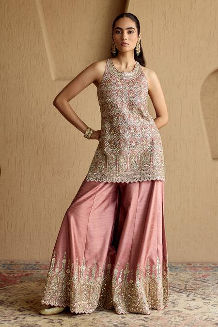 Buy_SUHINO_Pink Silk, Organza Mirrors, Embroidery Round Neck Kurta Sharara Set _Online_at_Aza_Fashions