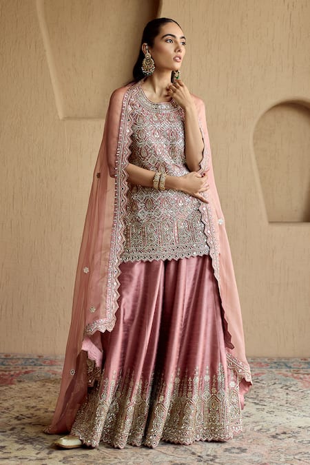 SUHINO Pink Silk Kurta Sharara Set 