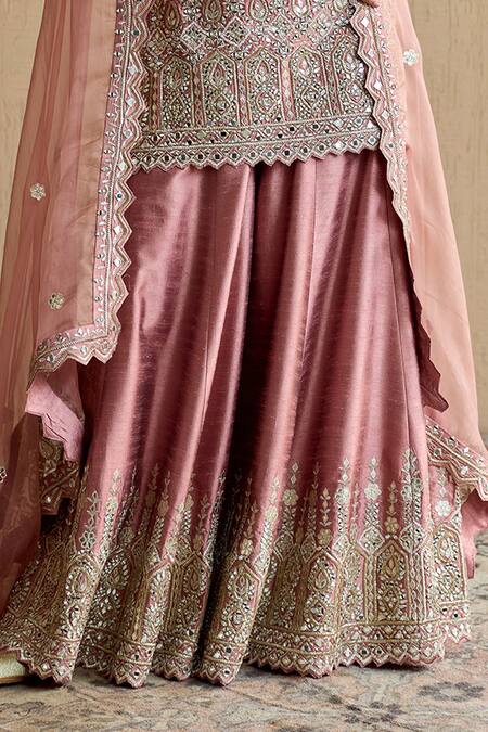 Shop_SUHINO_Pink Silk, Organza Mirrors, Embroidery Round Neck Kurta Sharara Set _Online_at_Aza_Fashions