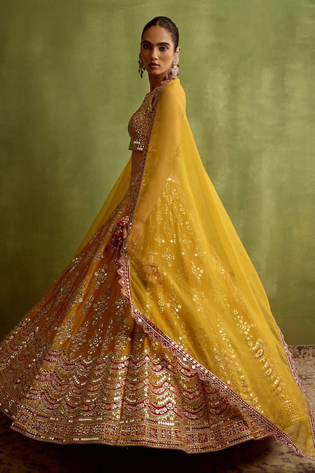SUHINO_Yellow Silk, Organza Mirrors, Zari, Gota Patti Halter Embroidered Lehenga Set _Online_at_Aza_Fashions