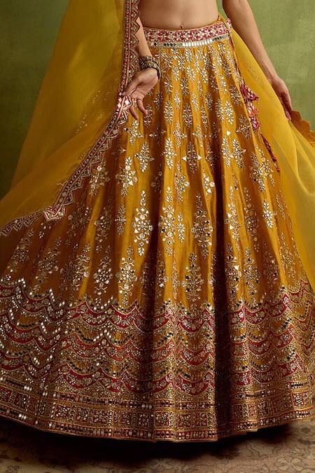 Buy_SUHINO_Yellow Silk, Organza Mirrors, Zari, Gota Patti Halter Embroidered Lehenga Set _Online_at_Aza_Fashions