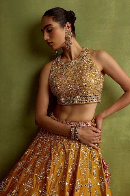 Shop_SUHINO_Yellow Silk, Organza Mirrors, Zari, Gota Patti Halter Embroidered Lehenga Set _Online_at_Aza_Fashions
