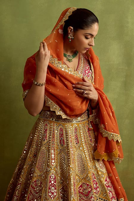 Buy_SUHINO_Yellow Silk, Organza Mirrors, Zari, Gota Patti, Patchwork Lehenga Set _Online_at_Aza_Fashions