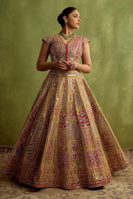 Shop_SUHINO_Yellow Silk, Organza Mirrors, Zari, Gota Patti, Patchwork Lehenga Set _Online_at_Aza_Fashions